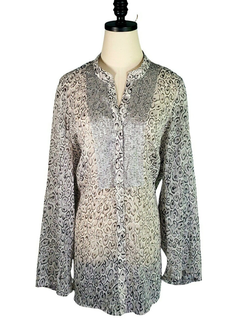 Charter Club Womens Animal Print Button Front Sequin Bodice Tunic Top White/Gray